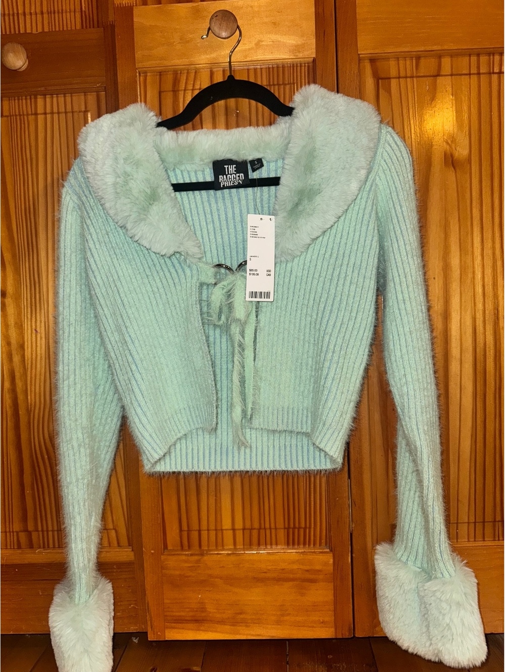 The Ragged Priest mint ribbed fuzzy trim cardigan
